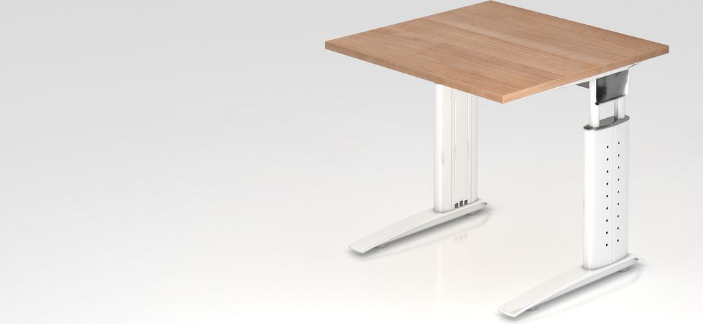 Schreibtisch Mauri | Nussbaum | Weißes Gestell | BxT 80x80cm | Arbeitshöhe 68-86cm | höhenjustierbar, 2cm Raster | C-Fuß-Gestell | Rechteckform