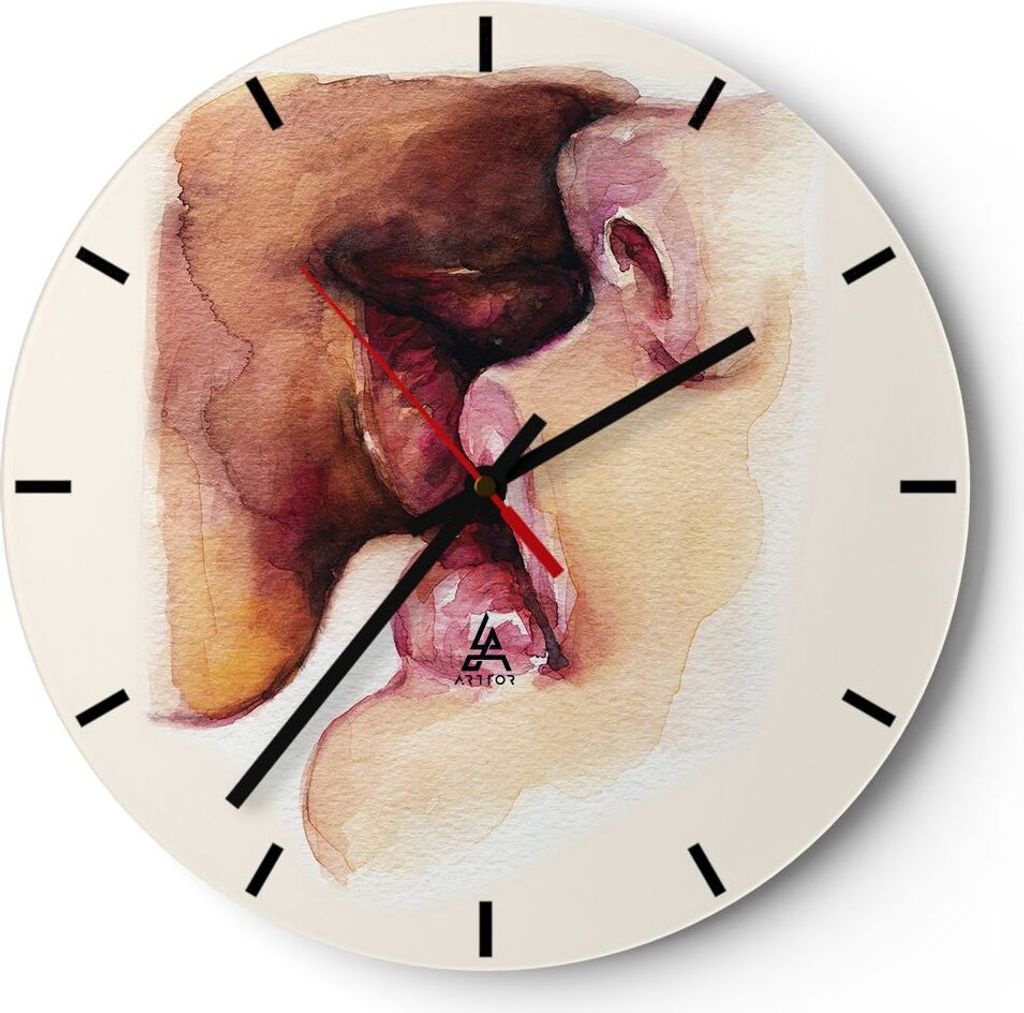Wanduhr - Rund - Glasuhr - Kuss Mund Paar - 40x40cm - Schleichendes Uhrwerk - Lautlos - zum Aufhängen bereit - Dekoration Modern - Wanddekoration ...