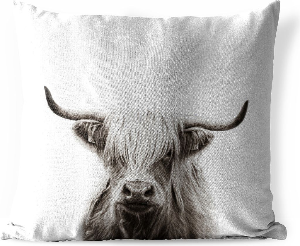 MuchoWow Outdoor Kissen - Porträt Schottisches Hochlandrind - Schottische Kuh - Schwarz und weiß - 60x60 cm - Wetterfest - Lounge Kissen - Deko...