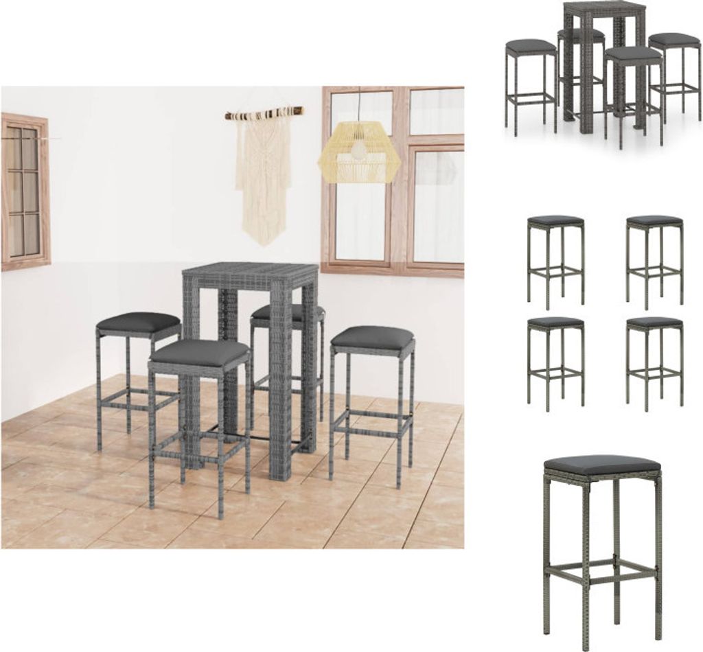 vidaXL 5-tlg. Gartenbar-Set mit Kissen Poly Rattan Grau - Gartenmöbel-Sets