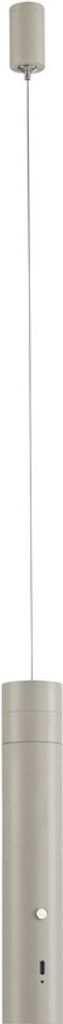 A pendant lamp with a cylindrical shade and a thin stem, presented against a white background.