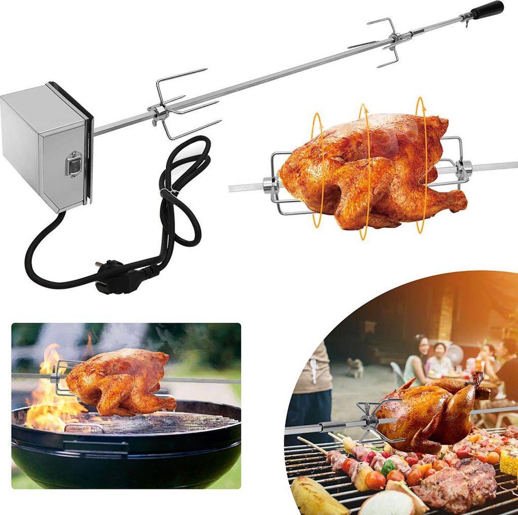 Faziango 107 cm Edelstahl Grillspieß Set mit Motor 220–240V, Elektrischer Drehspieß inkl. 2 Fleischklammern & 2 Fleischnadeln, BBQ Rotisserie