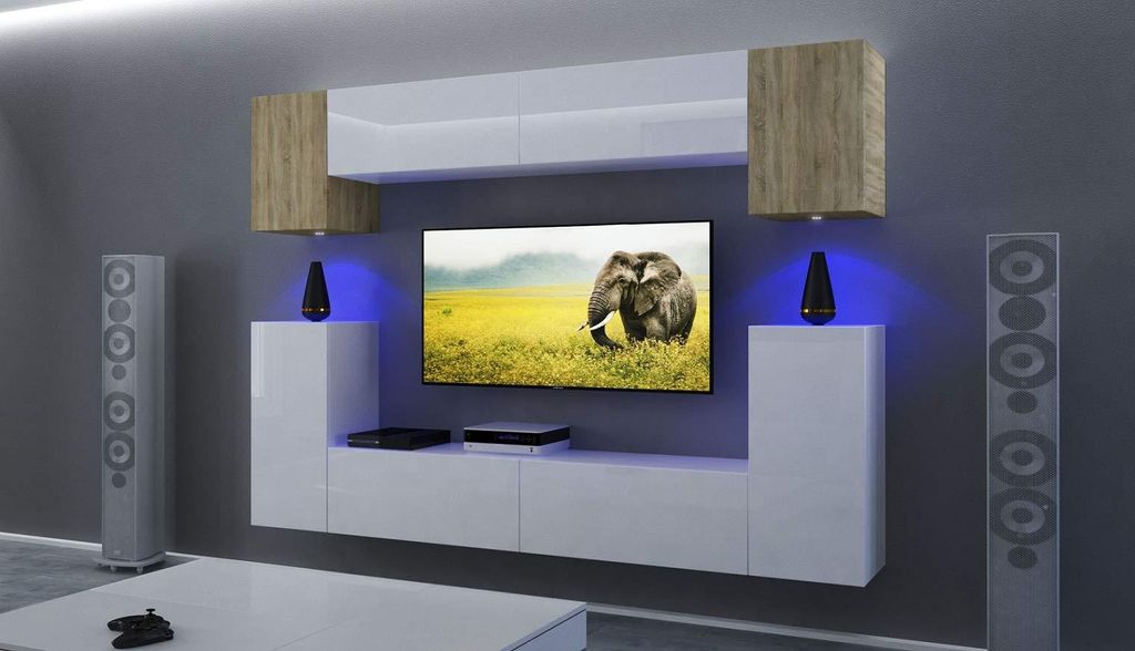 Furnitech Wohnwand Wohnzimmer - Wohnzimmer Möbel mit LED Blau - Hängend Wohnwand Modern - Regale und TV Schrank (AN43-17WS-HGM32 1B)