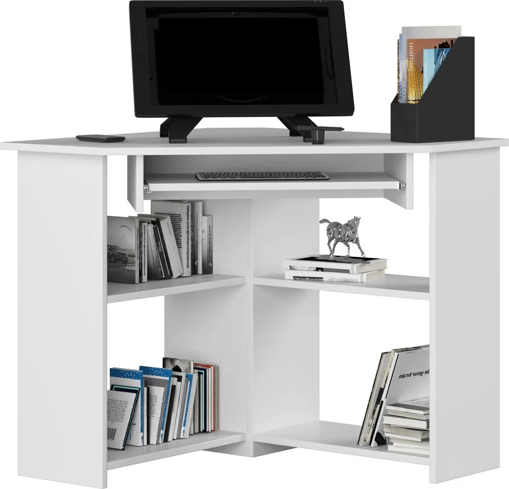 Bureau d'angle blanc 80x80 cm avec tablette clavier pour petit espace - 2