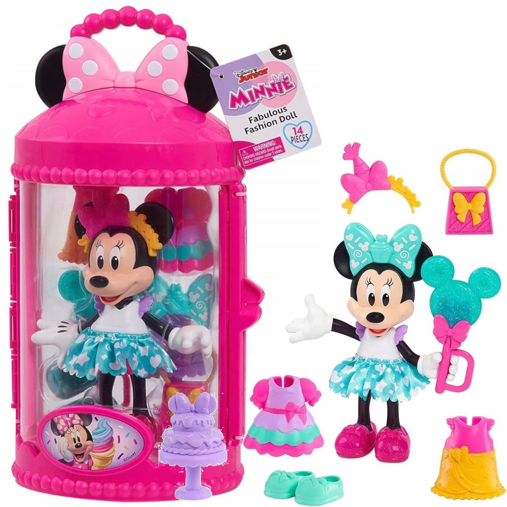 A Disney Minnie Mouse fashion doll set with accessories displayed against a white background.