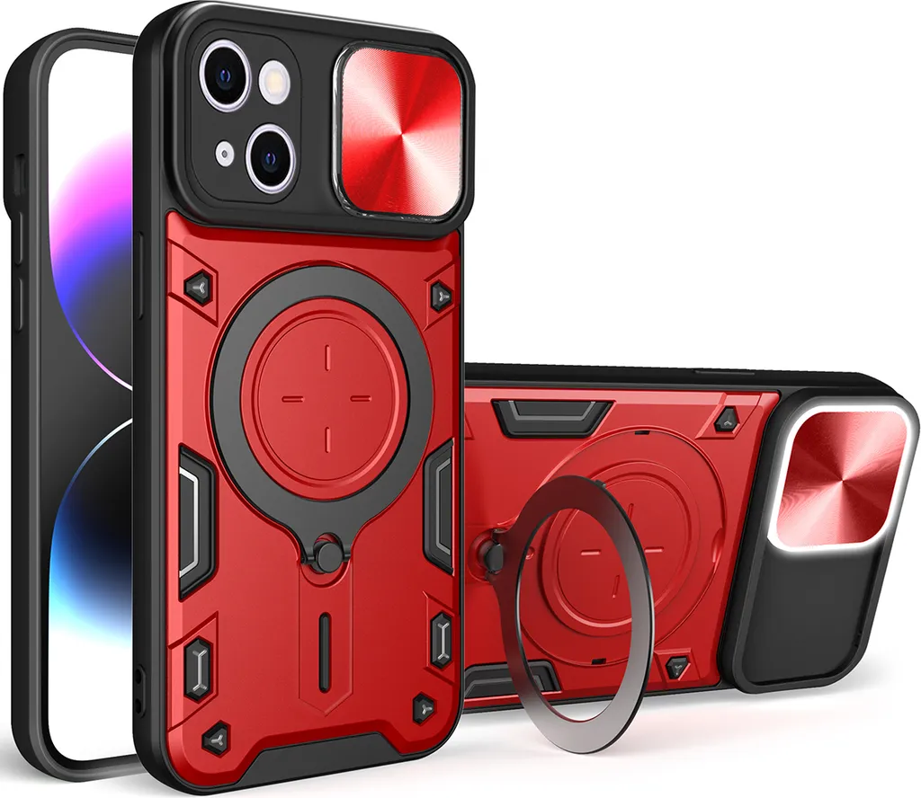 Custodia per iPhone 13 Custodia resistente a doppio strato con copertura della fotocamera e supporto ad anello rosso - 1