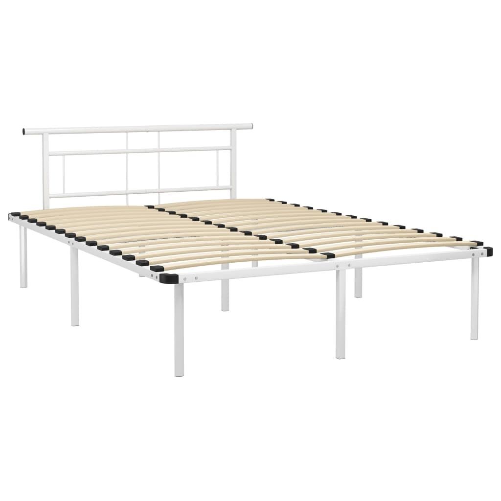 A white metal bed frame with a wooden slat mattress support is shown against a white background.