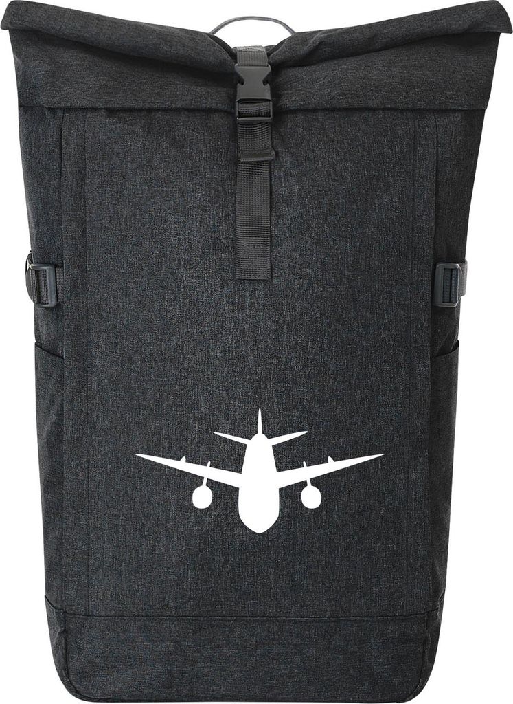 Huuraa Kurierrucksack Flugzeug Flieger 30-44 Liter Black Melange Fairtrade Rolltop Rucksack Geschenkidee
