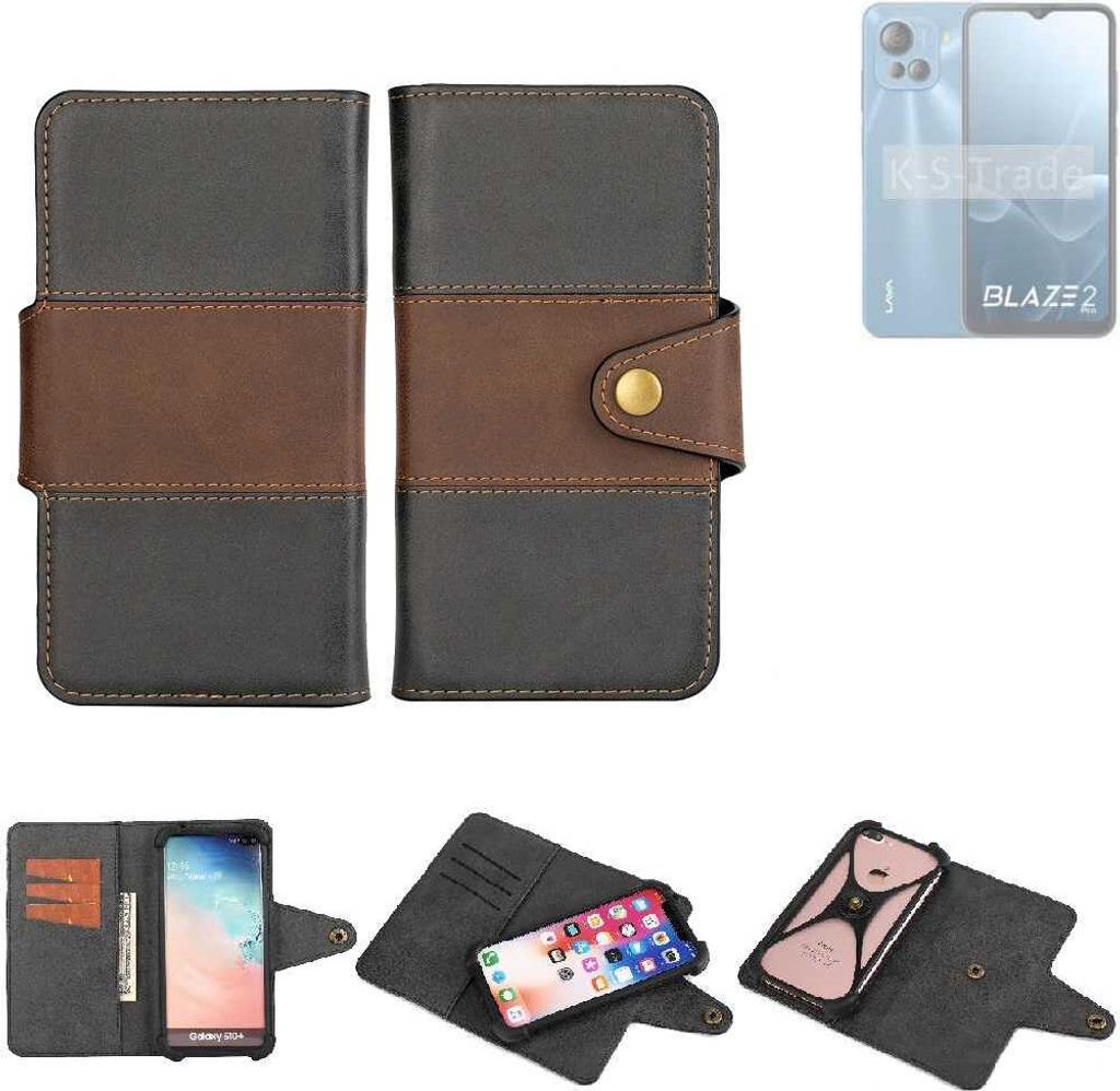 K-S-Trade Handyhülle Schutzhülle Hülle Bookstyle Wallet-Case kompatibel mit Lava Blaze 2 Pro Bumper Rundumschutz schwarz-braun 1x
