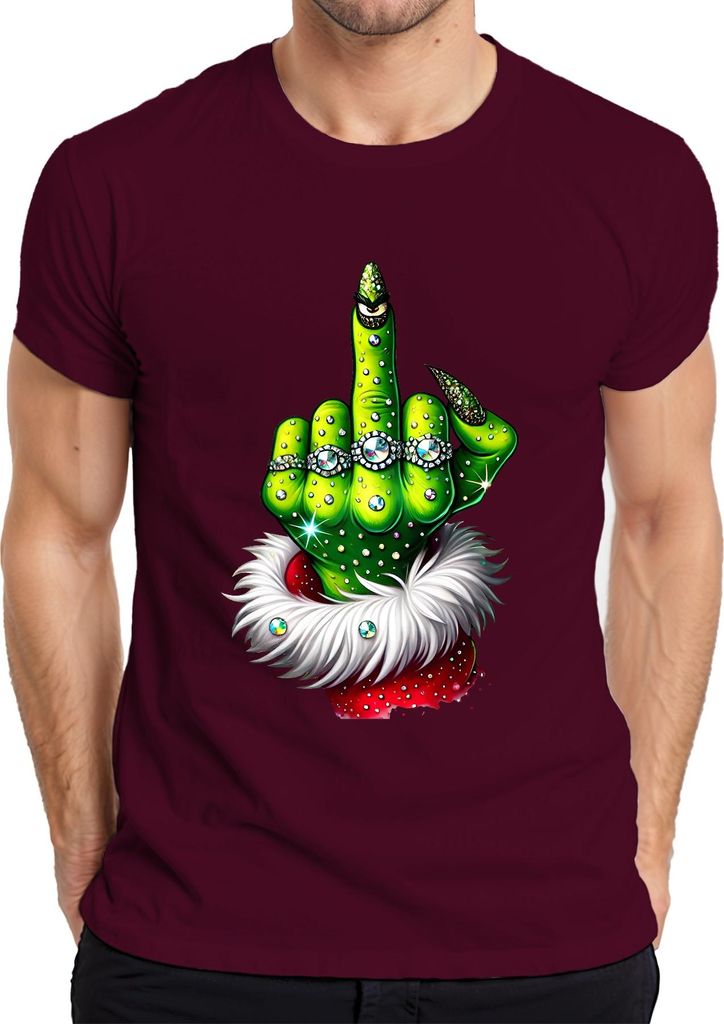 Grinch Mittelfinger Weihnachten frech Geschenk Glitzer Herren T-Shirt, Burgundy, S