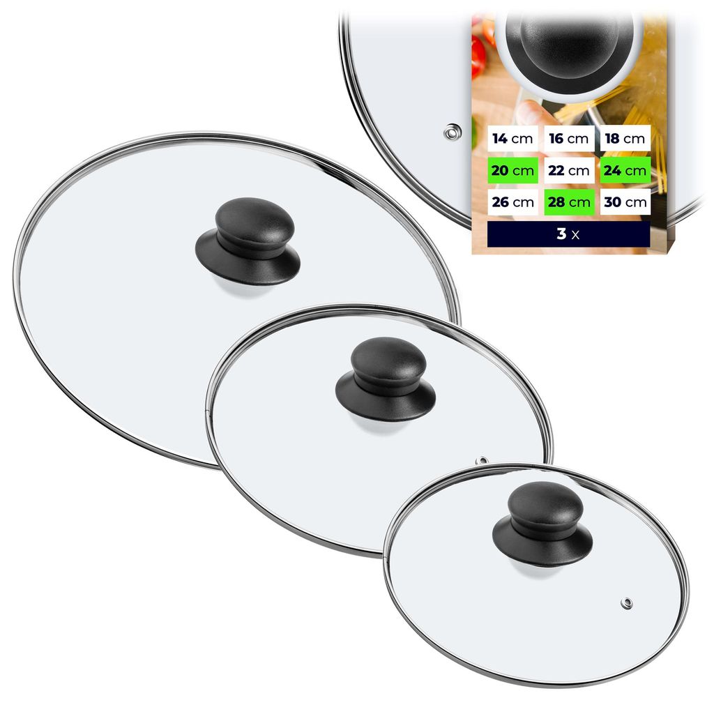 A collage of glass lids for pots and pans, with a size chart overlay.