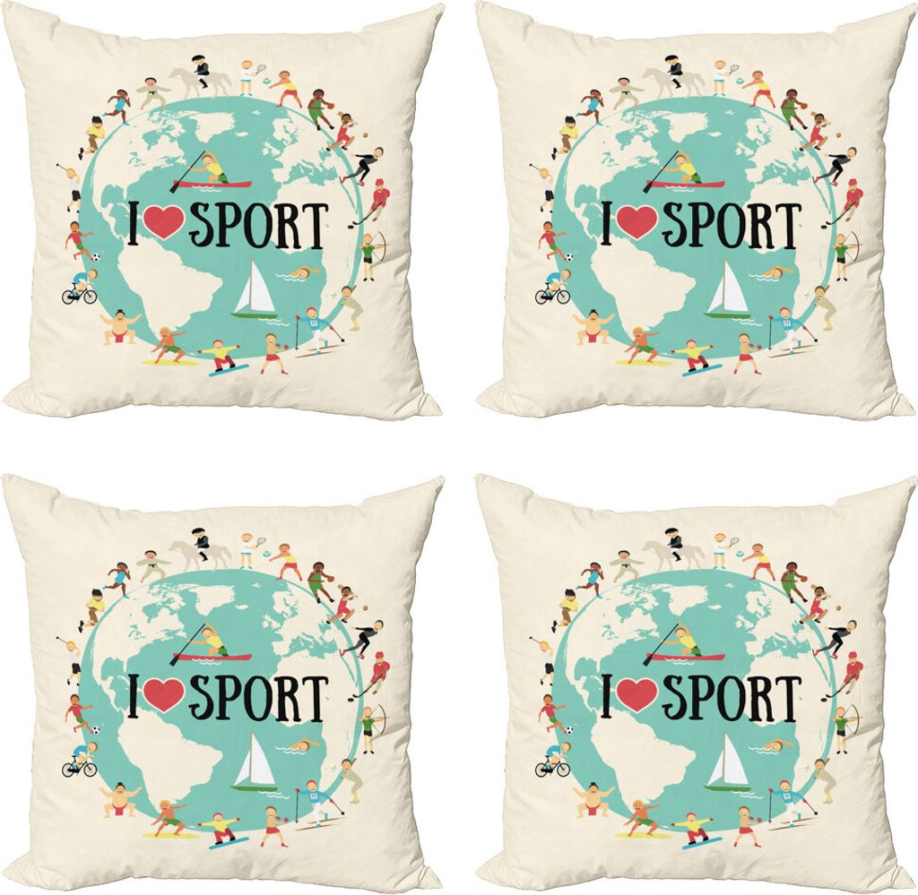ABAKUHAUS Sport Kissenbezug Set (4 Stück), Ich liebe Sport Wörter, Moderner Doppelseitiger Digitaldruck, 40 cm x 40 cm, Mehrfarbig