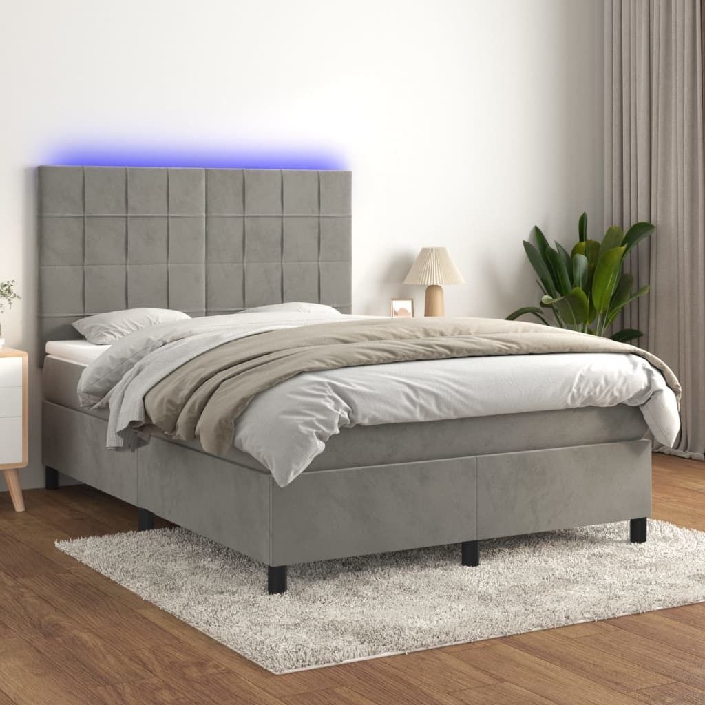 The Living Store Boxspringbett mit Matratze & LED Hellgrau 140x190 cm Samt