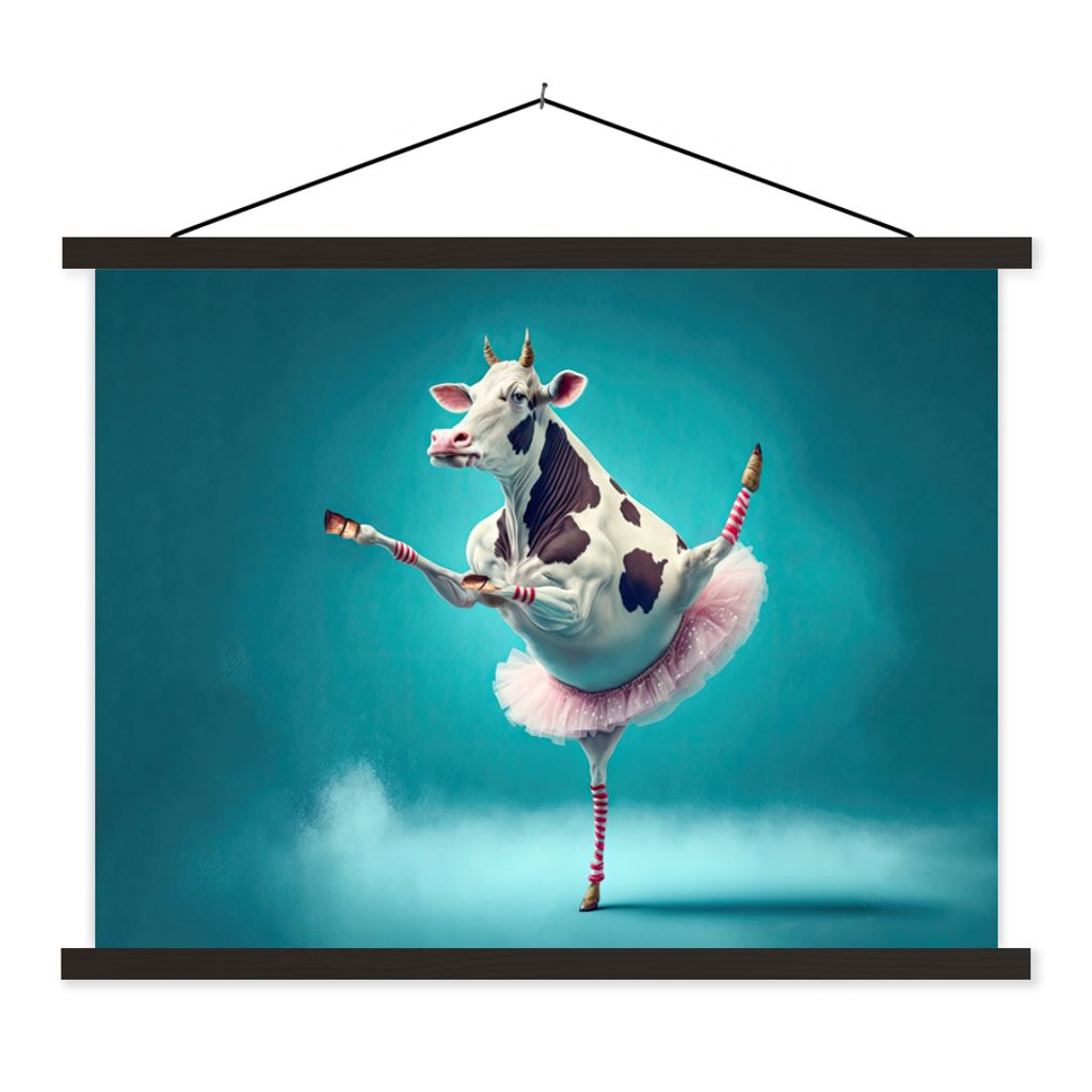 MuchoWow Textilposter Kuh - Ballett - Porträt - Blau - Tiere - Kind 150x113 cm mit holzfarbenen Rahmen - Poster