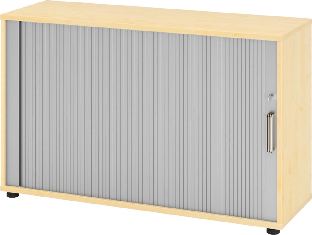 bümö Rollladenschrank office - 2 Ordnerhöhen - Nachbildung Ahorn/Silber, Griff: Streifengriff (Kunststoff)