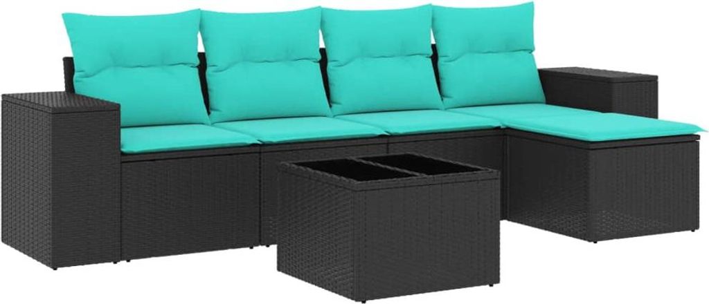 vidaXL 6-teiliges Gartensofa-Set mit Kissen, schwarzes Polyrattan