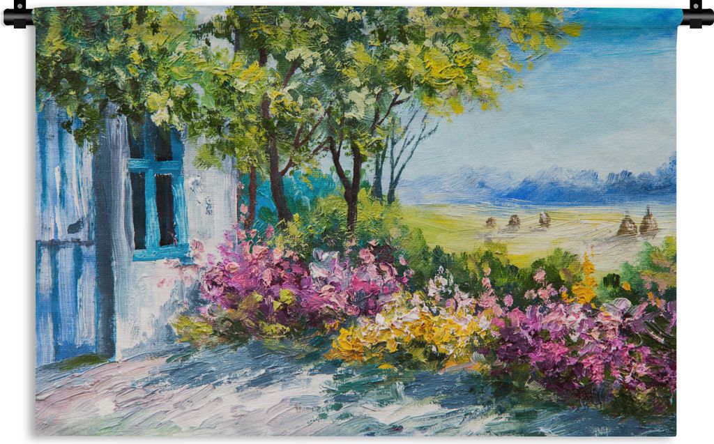 MuchoWow Wandteppich Wandbehang Malerei - Pflanzen - Blumen - Haus - Öl 120x80 cm Tapisserie Dekoration Wandtuch - Wanddekorationen - Wandtücher
