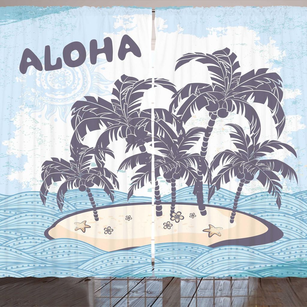 ARANDE Vintage Strand Gardine, Nette Illustration Aloha Themed hawaiische Insel-Palmen, 280 x 245 cm, Hellblau Lila Blau