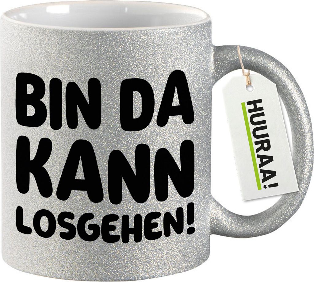 Huuraa Glitzertasse Bin da kann losgehen 330ml Silber Keramik Kaffeebecher Geschenkidee