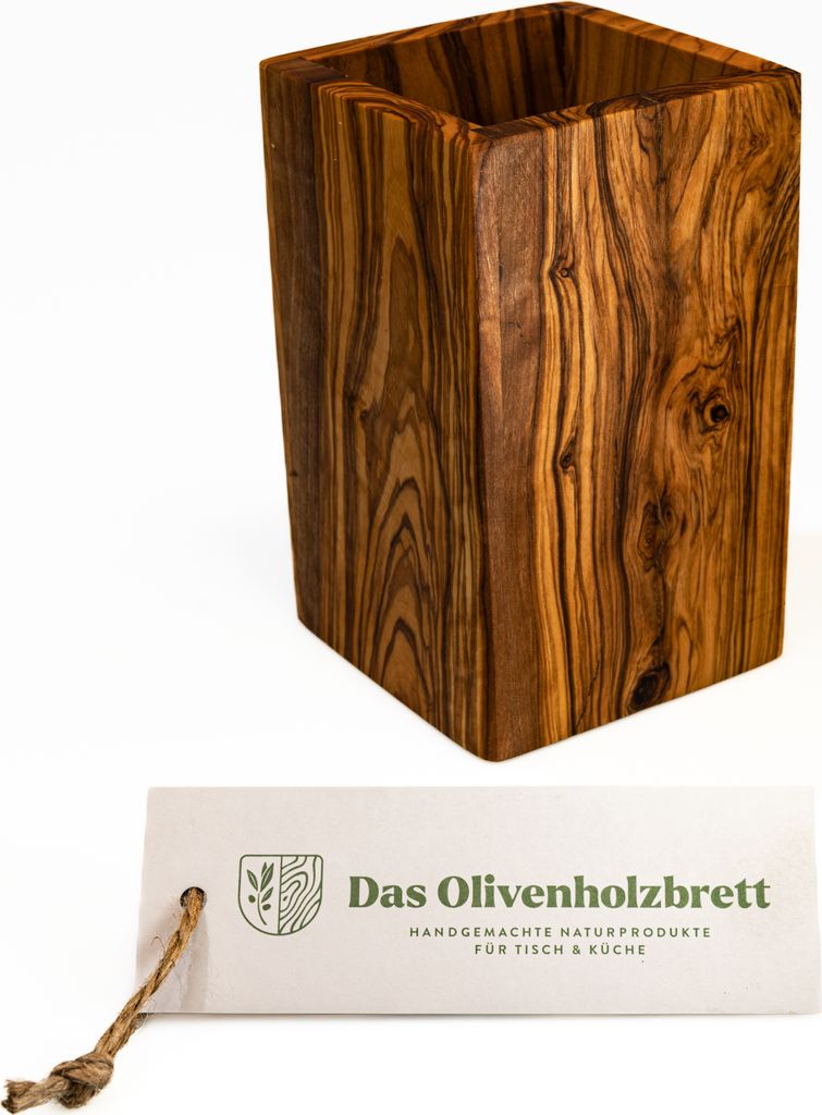Köcher aus Olivenholz in eckiger Form 14cm