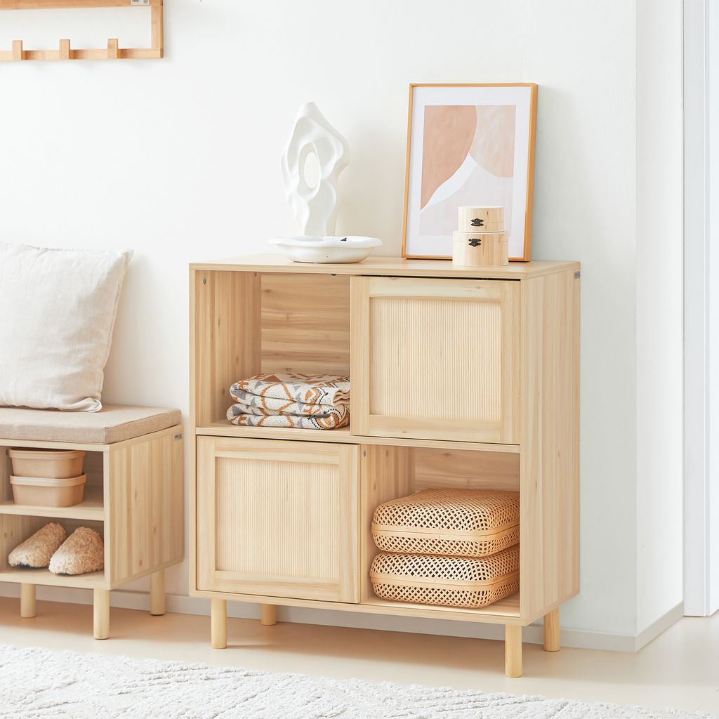 SoBuy FSB87-N Sideboard mit Schiebetüren Kommode Schrank Küchenschrank Flurschrank Beistellschrank Lowboard TV-Schrank Natur