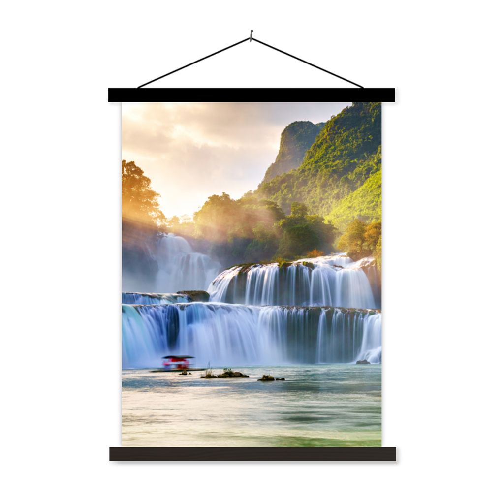 MuchoWow Textilposter Wasserfall - Pflanzen - Sonne - Wasser - Natur 120x160 cm mit schwarzem Rahmen - Magnetischer