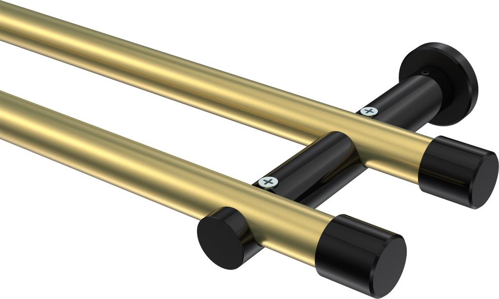 Interdeco Gardinenstange / Vorhangstange Messing-Optik / Schwarz, Typ Platon Santo (Kappe) ohne Ringe, 20 mm Ø 2-läufig, 440 cm