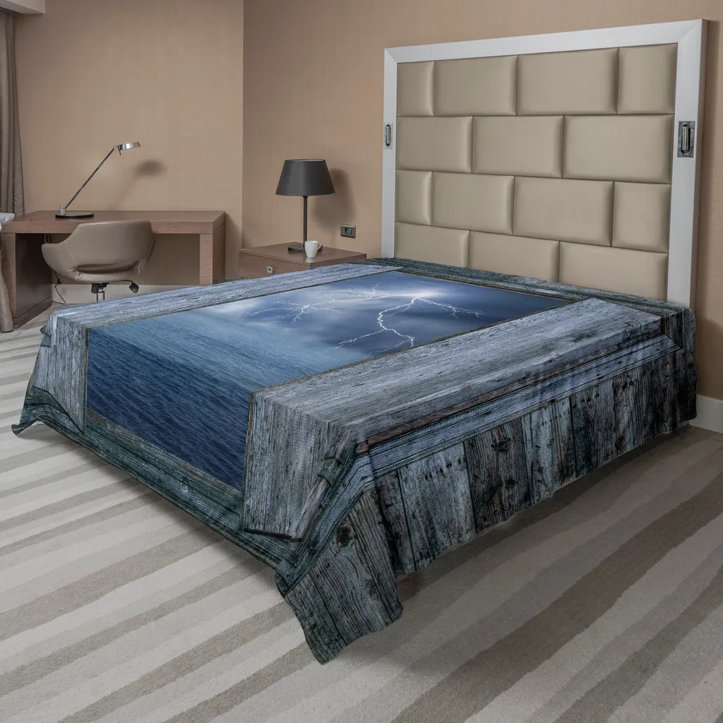 Drap Supérieur Doux Confortable Motif Orage Côtier 275x260 cm Bleu Gris