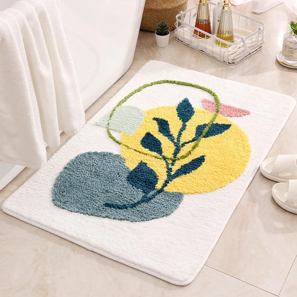 Tapis de douche antidérapant blanc lavable avec imprimé botanique chic