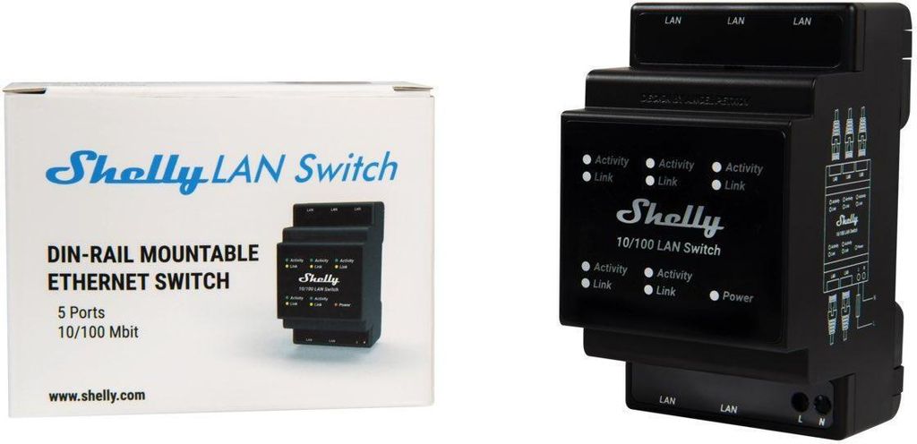 Shelly LAN-Switch für DIN-Schiene, 5 RJ45-Ports, einfache Produktbild 1
