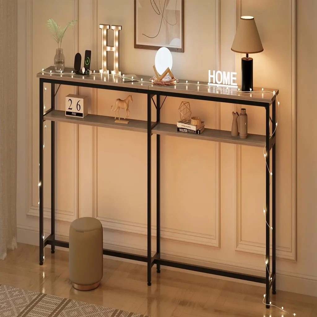 Console étroite 180 cm grise pour salon - Table de rangement bi-niveau - 8