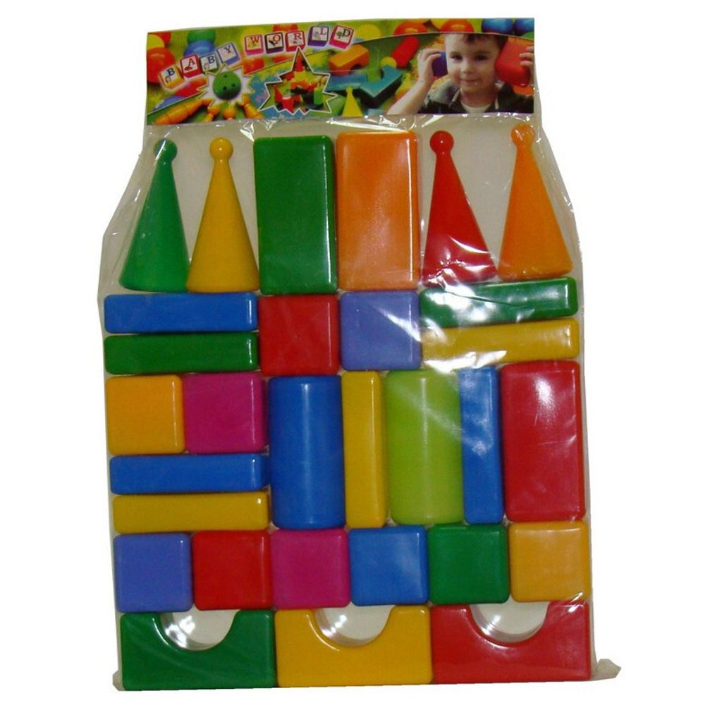 A package of colorful building blocks for children.