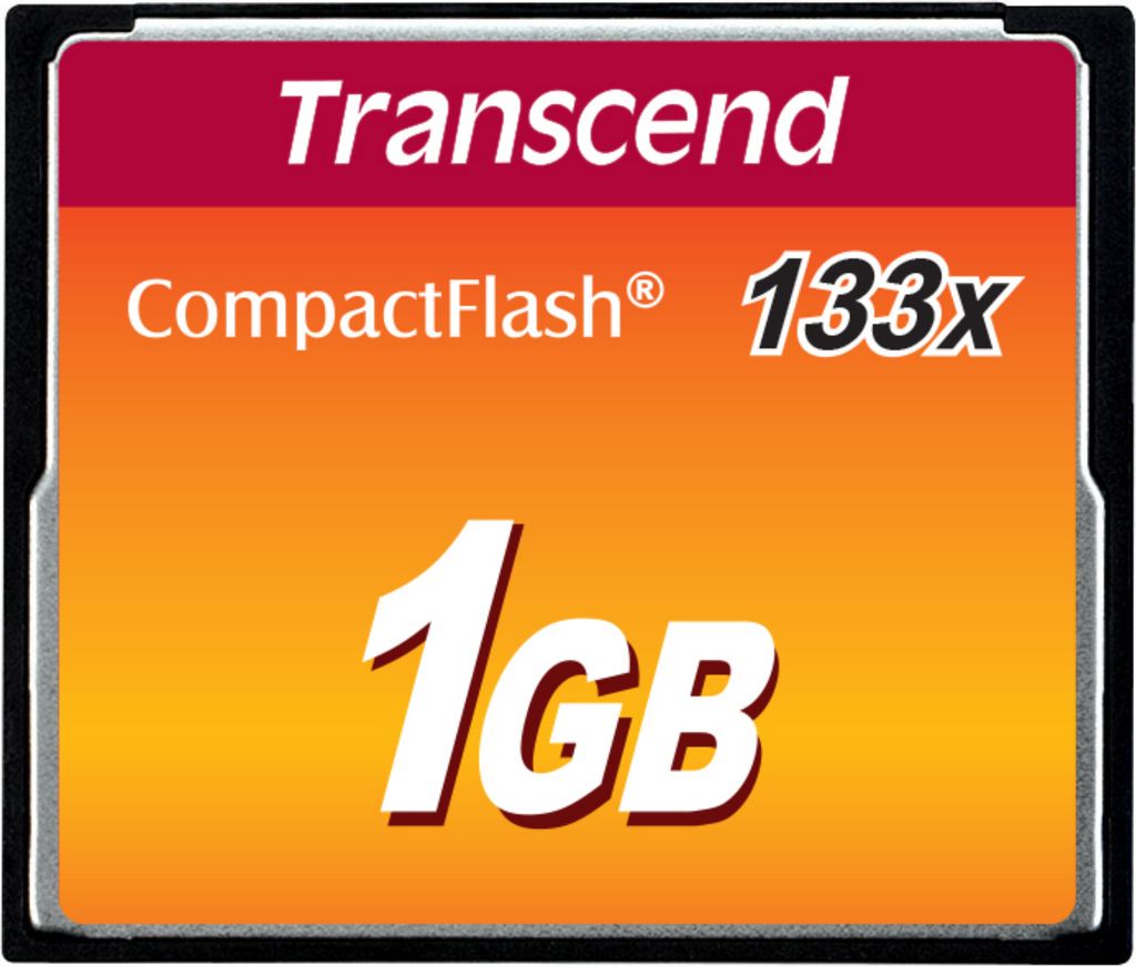 A Transcend Compact Flash memory card with 1GB capacity and 133x speed.
