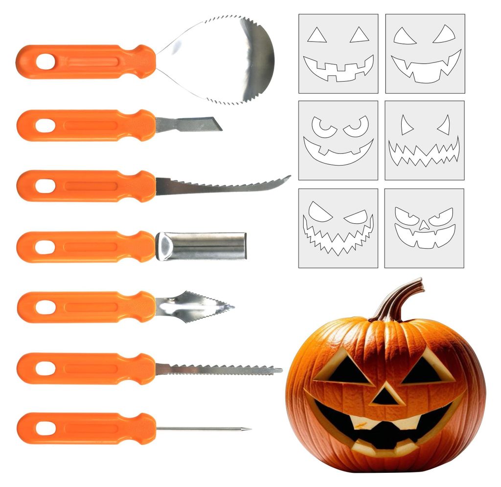 Halloween Kürbis Schnitzset 7-teilig mit 6 Schablonen Produktbild 