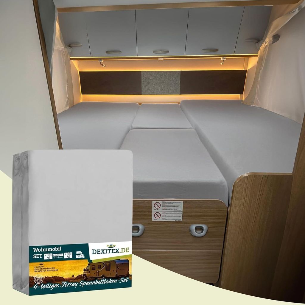 Dexitex Jersey Spannbettlaken 4er Set für Wohnmobil & Caravan – Mittelmatratzen & Heckbett – 100% Baumwolle Hellgrau – MultiFit