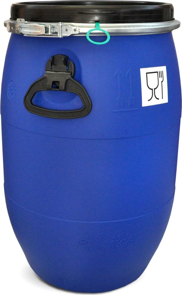 A blue plastic barrel with a black lid and silver clamp.