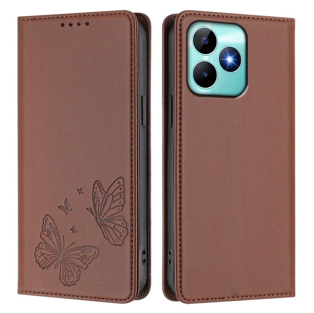 Lederhülle für Realme C53/Realme Note 50, Schmetterling Prägung Leder Brieftasche Schutzhülle mit Ständer Braun