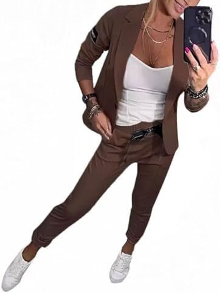 ASKSA Damen Lange aermel Zweiteiler Elegant Business Anzug Set Revers Buero Langarm Anzugjacke Blazer Hose 2-teilig Outfit Streetwear Freizeitanzug...