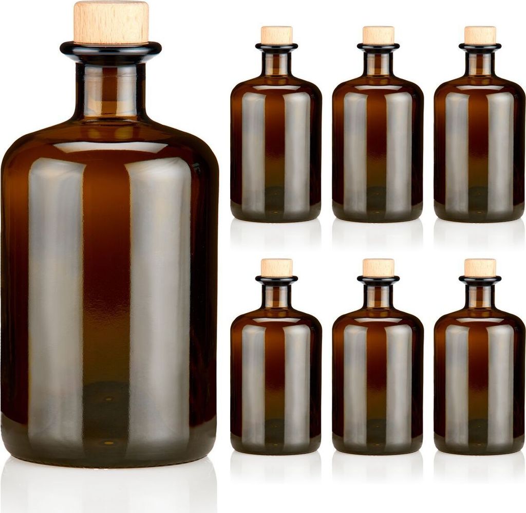 Apothekerflaschen braun 500ml Holzkorken natur, 6 elegante Braunglas Flaschen leer 0,5l