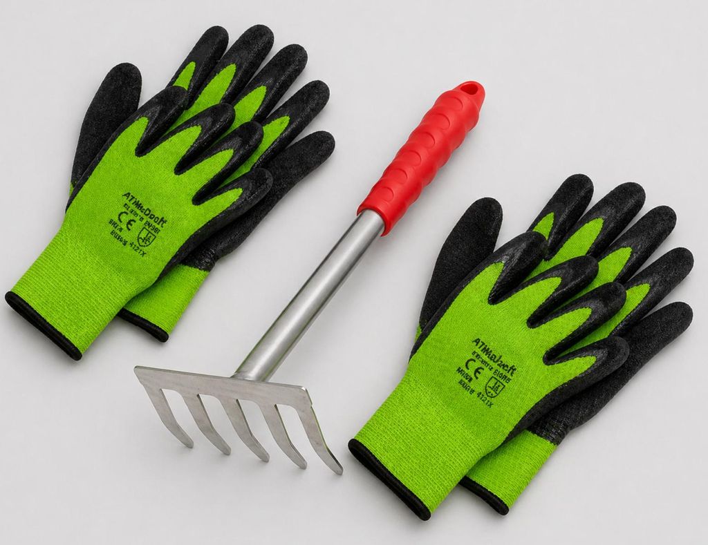 Garten-Set Handrechen (Stahl) mit 2 Paar Arbeitshandschuhe Kleinrechen, Handharke