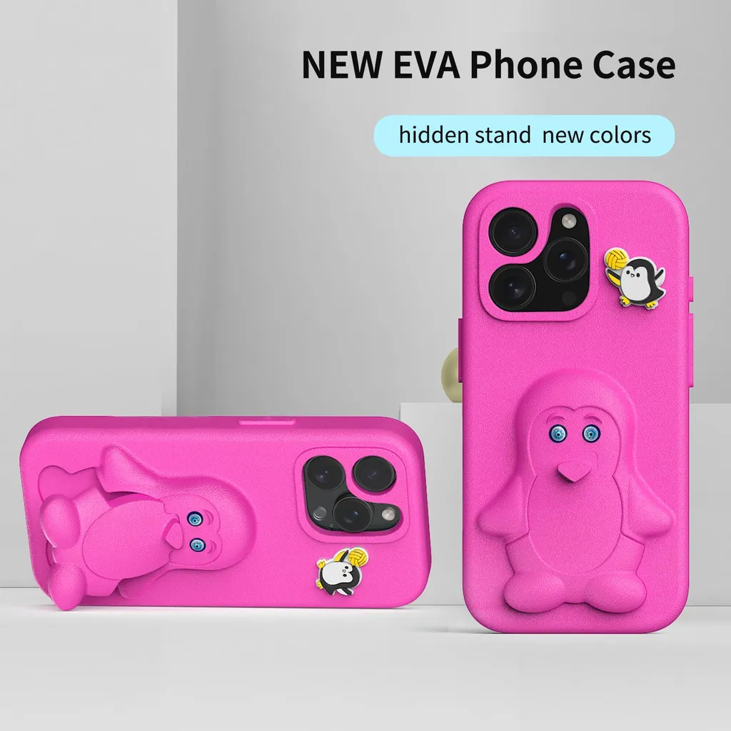 Custodia per bambini in EVA per iPhone 16 Pro Max, morbida custodia protettiva antiurto con supporto per pinguini Rosa - 2