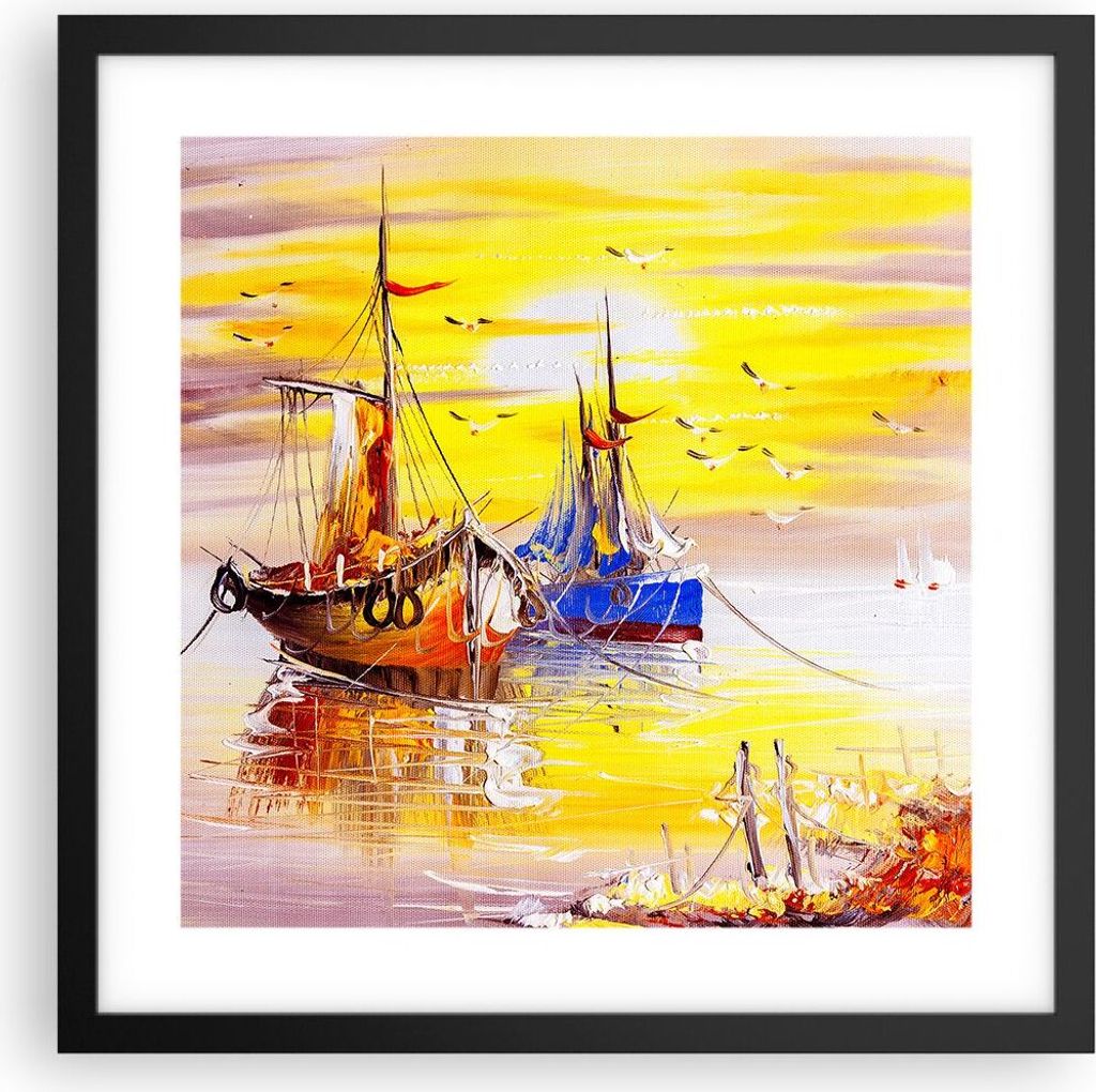 Gerahmtes Poster - Schwarzer Rahmen - Boote Sonne Meer Reisen - 40x40 cm - Wand Bild - Wanddeko - Wandbilder - Wandposter - Bilderrahmen - Bilder -...