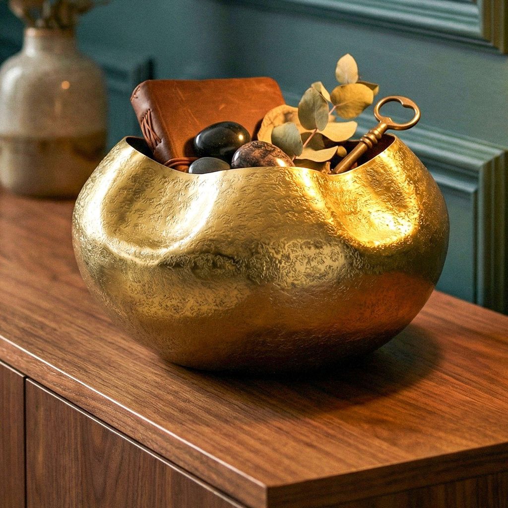 FineBuy Tischvase Aluminium 30cm Gold Dekovase rund Metall Vase modern Wohnzimmer Deko Alu Design Vase Tisch Dekoration Handmade