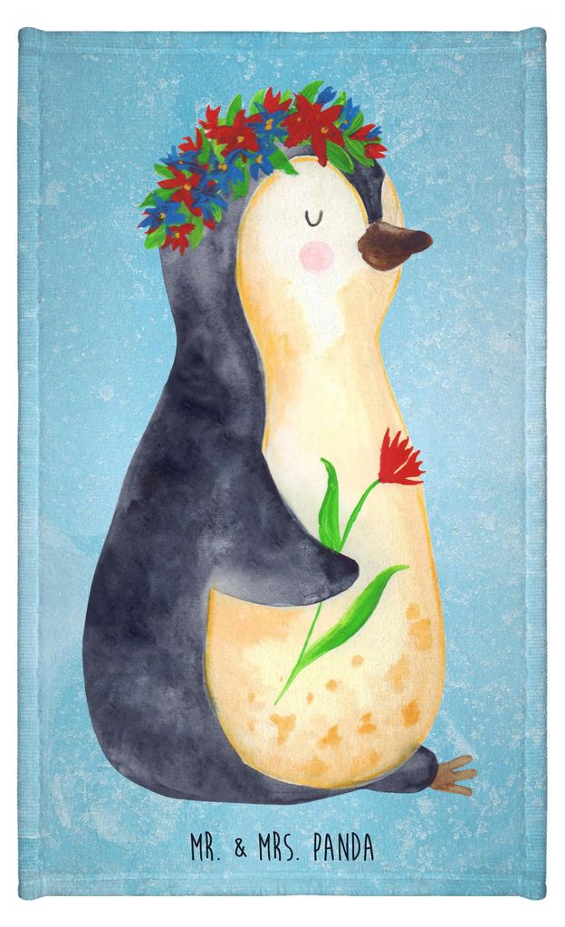 Mr. & Mrs. Panda Handtuch Pinguin Blumen - Eisblau - Geschenk, badezimmer, Liebeskummer, baumwolle, Frotteetuch, Wunderschön, Gästetuch, Ziele, B...