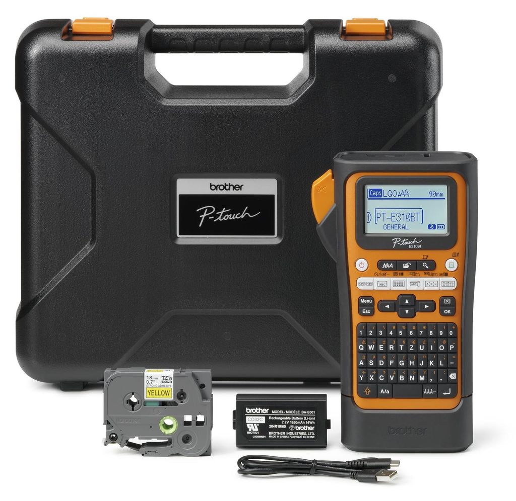 A Brother P-Touch PT-E310BTVP label maker kit is displayed with its accessories and case.