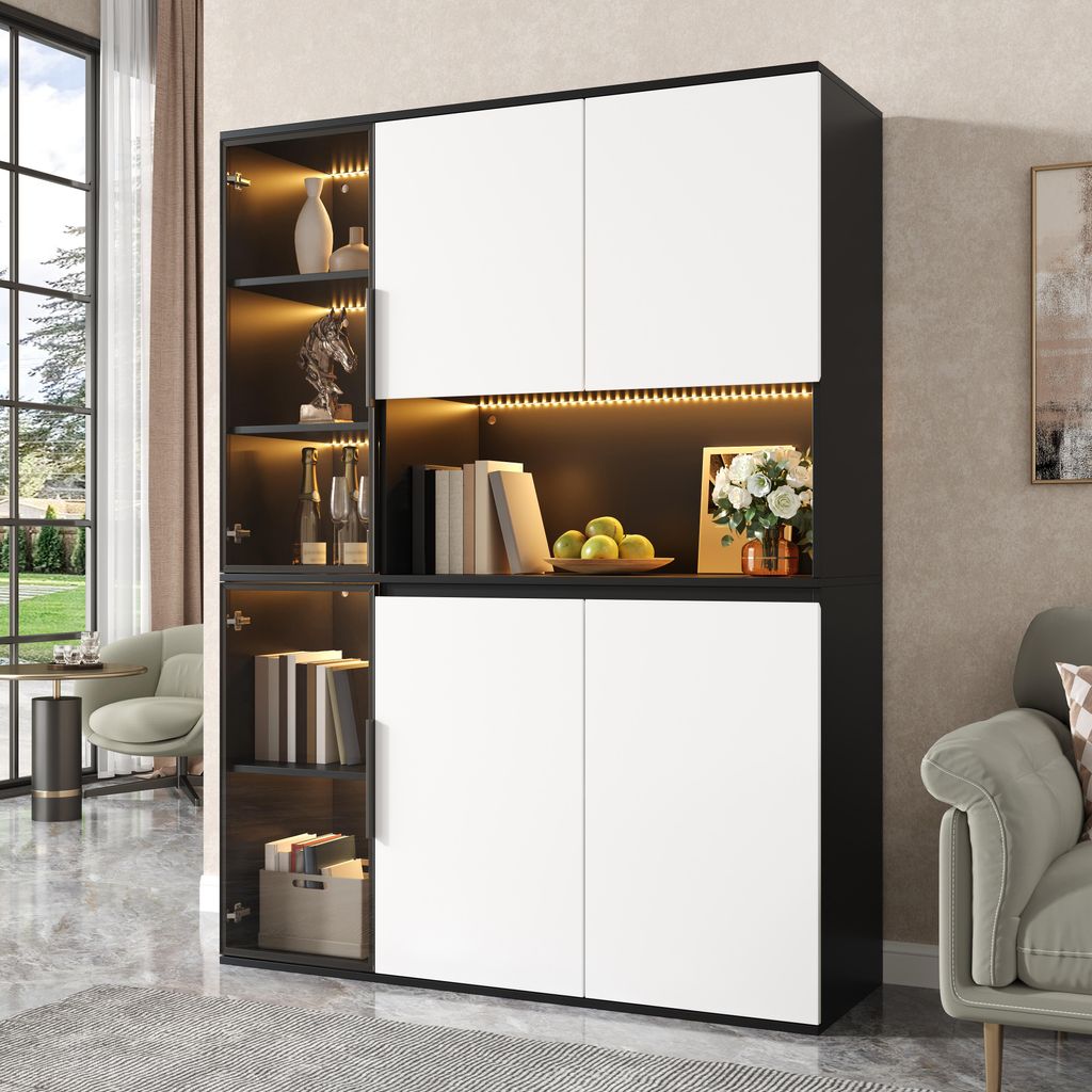 Merax Hochschrank mit LED-Leuchten, Vitrine mit Glaselementen, Highboard Esszimmerschrank aus MDF, Wohnzimmerschrank mit Stauraum, Schwarz + Weiß