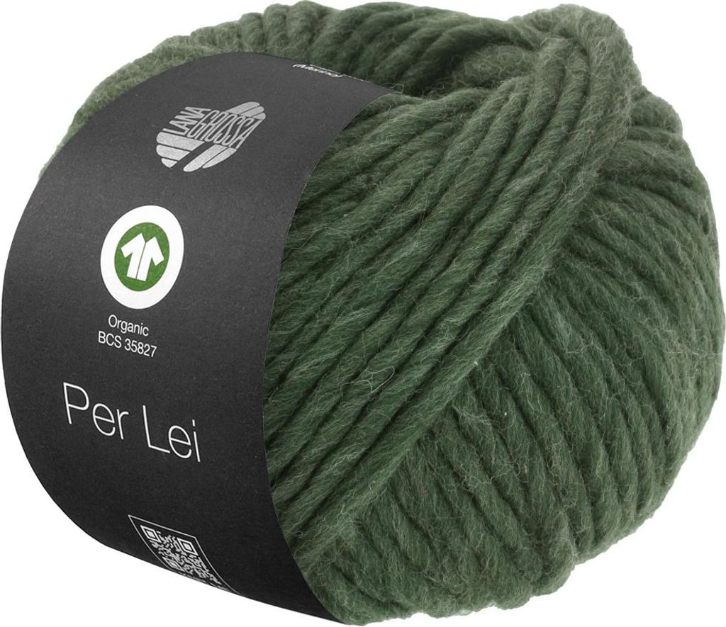 A ball of green yarn with a dark label wrapped around it.