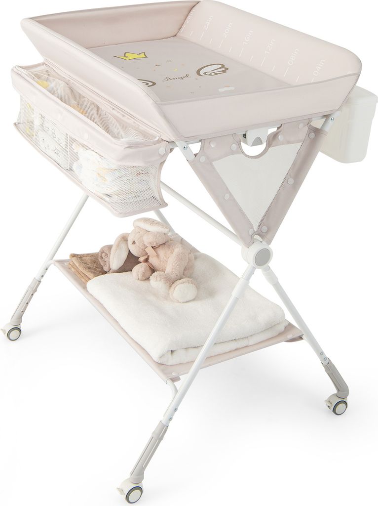 A baby changing table with storage and a stuffed animal.