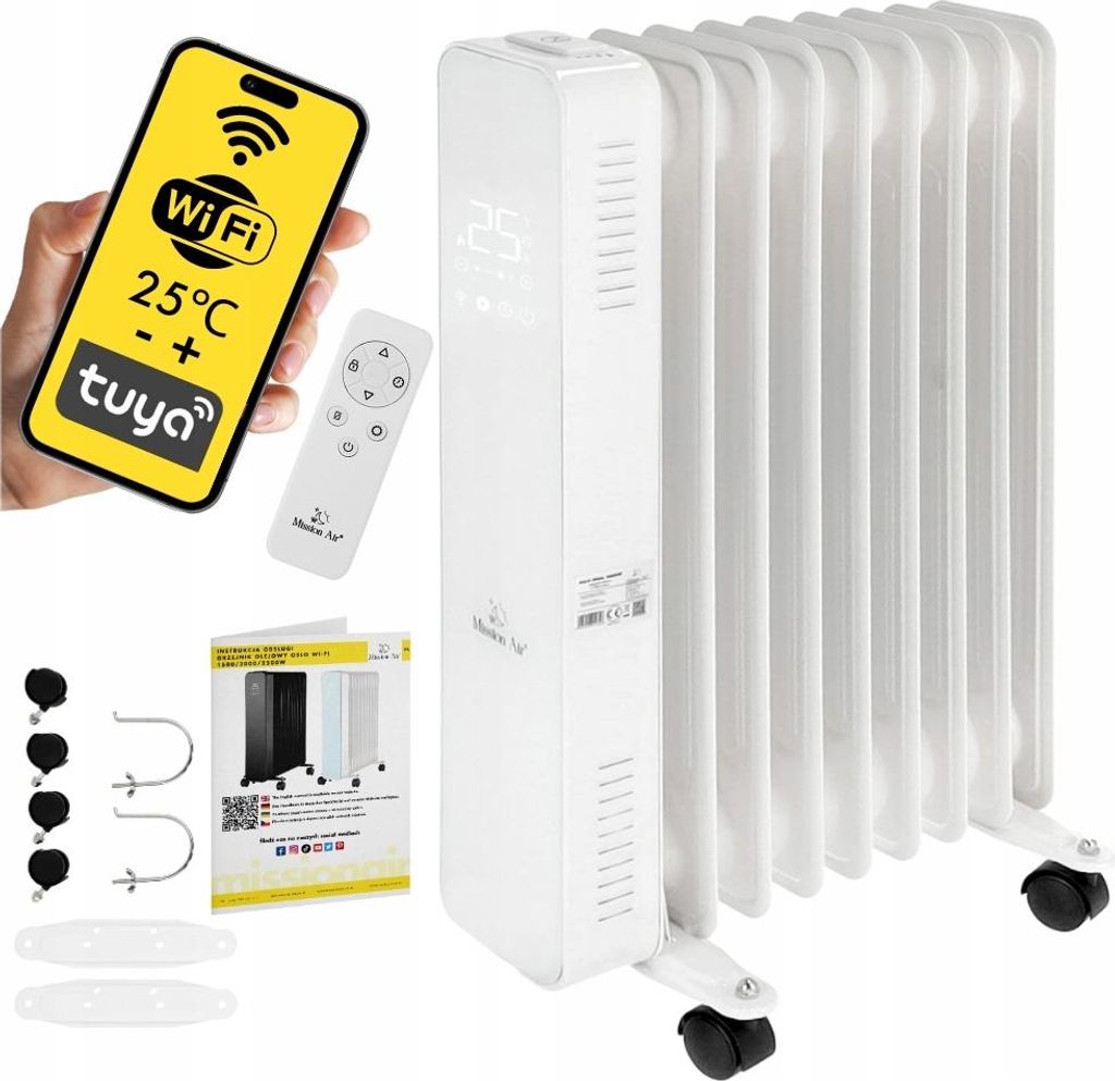 A collage of images showing an oil radiator, its remote control, a smartphone displaying a Tuya app interface, and accessories like wheels and brackets.