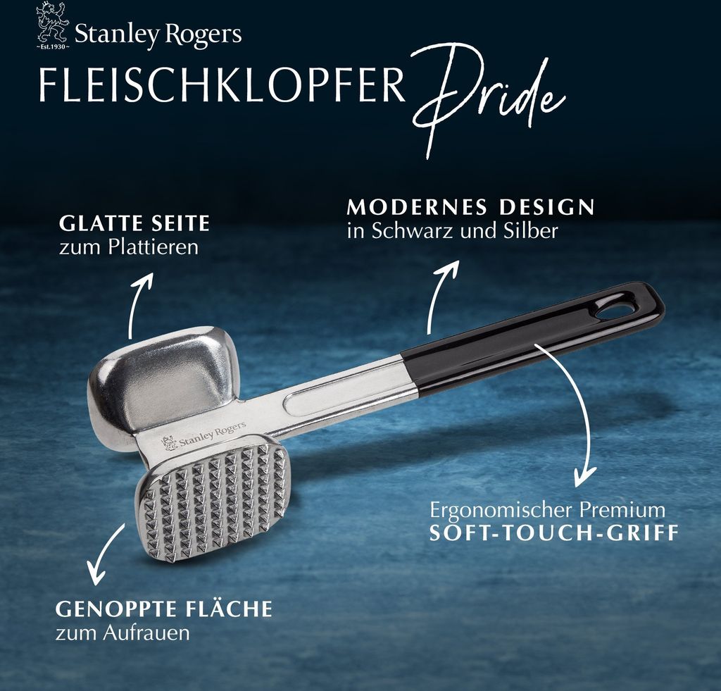 Stanley Rogers Fleischklopfer 26 cm, Fleischhammer mit Softtouch-Griff und Funktionsteil aus Aluminium, Schnitzelklopfer mit genoppter und flacher ...